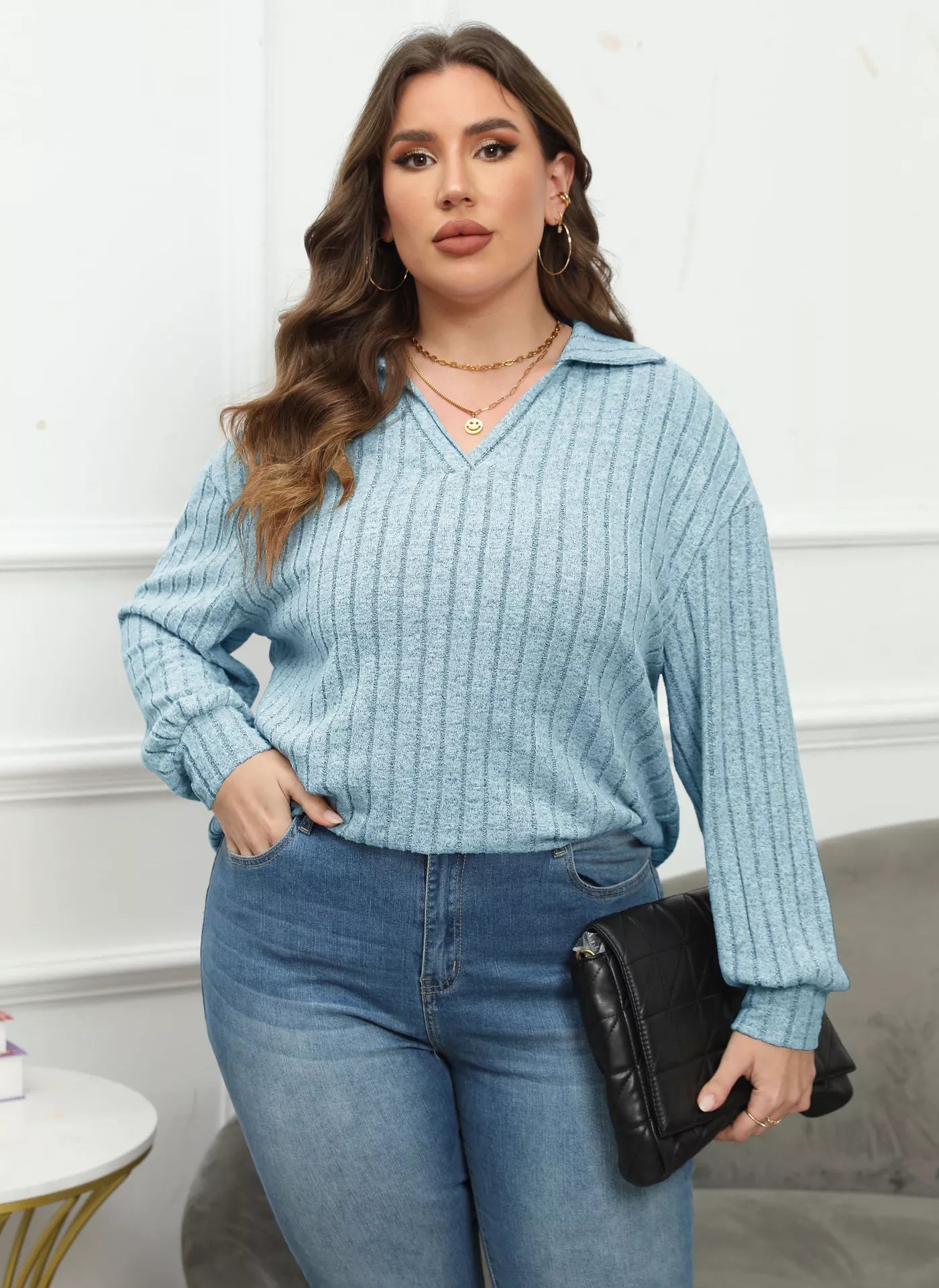 Plus Size Ribbed Knit Polo Collar T-Shirt 