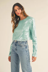 MABLE Shoulder Padded Sequin Crop Top 