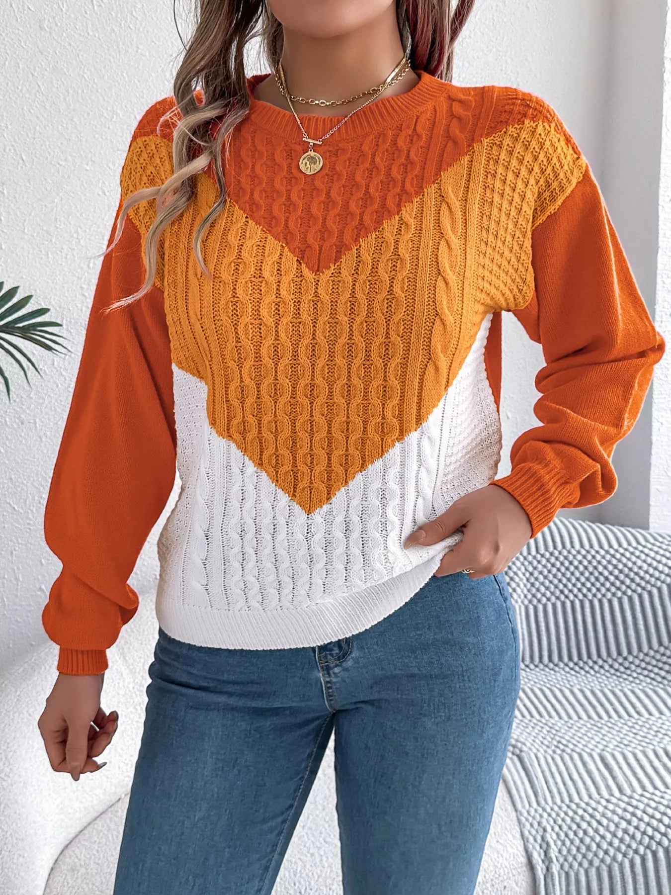 Color Block Cable Knit Sweater 