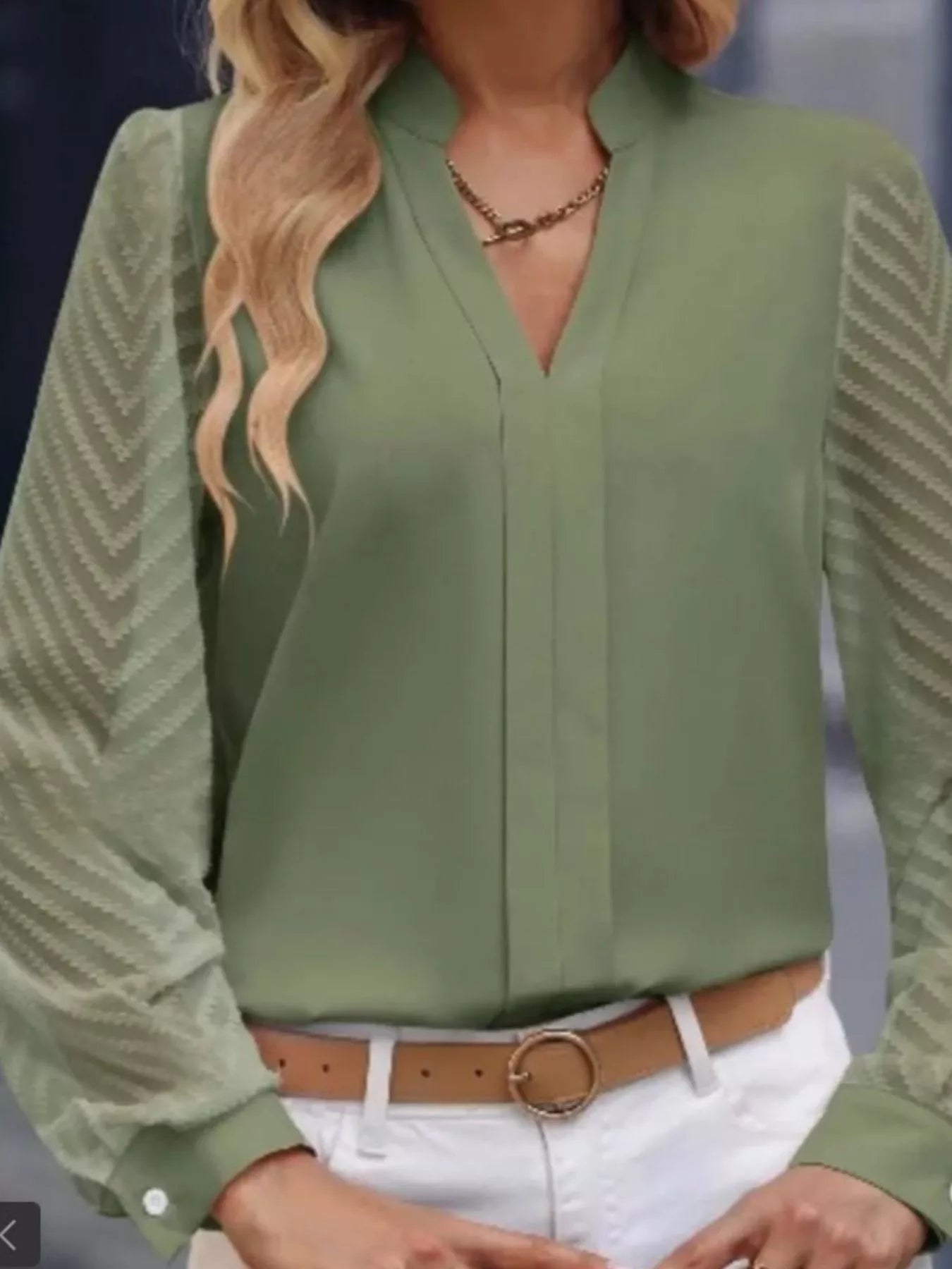 Notched Long Sleeve Blouse 