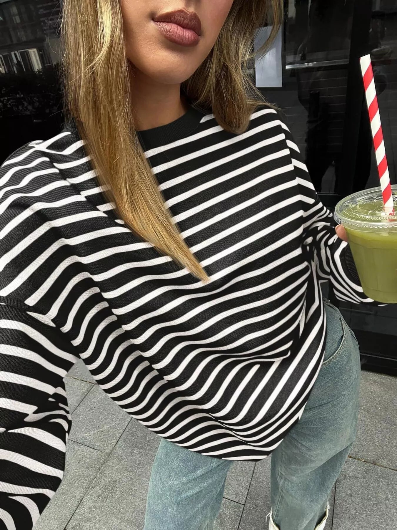 Striped Round Neck Oversized Casual Sweatshirt 