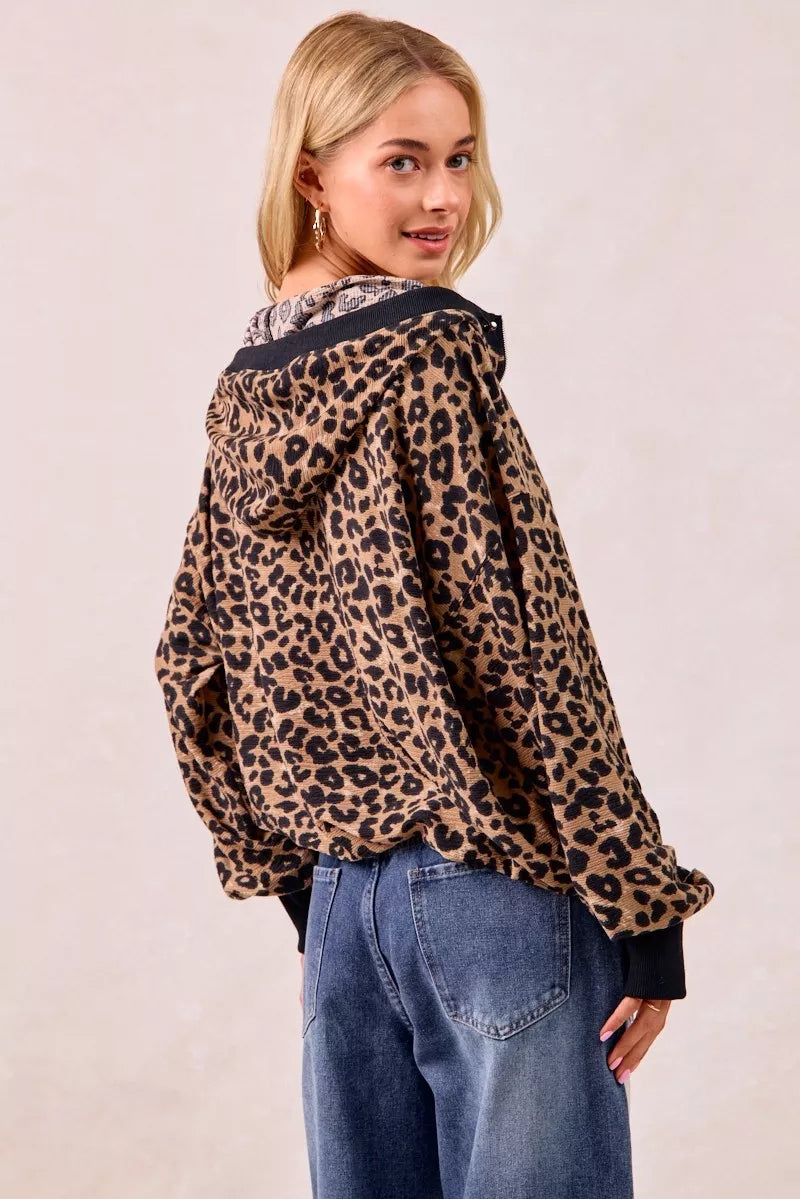BiBi Leopard Print Waffle Half Zip Up Hoodie W Pocket 