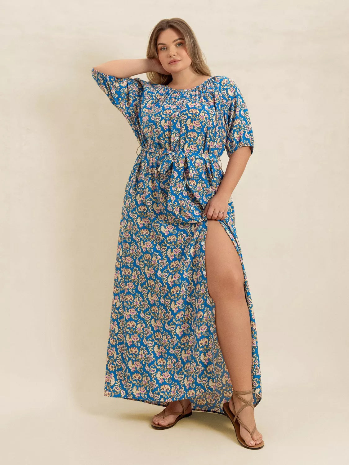 Plus Size Floral Print Maxi Dress with Side Slit 