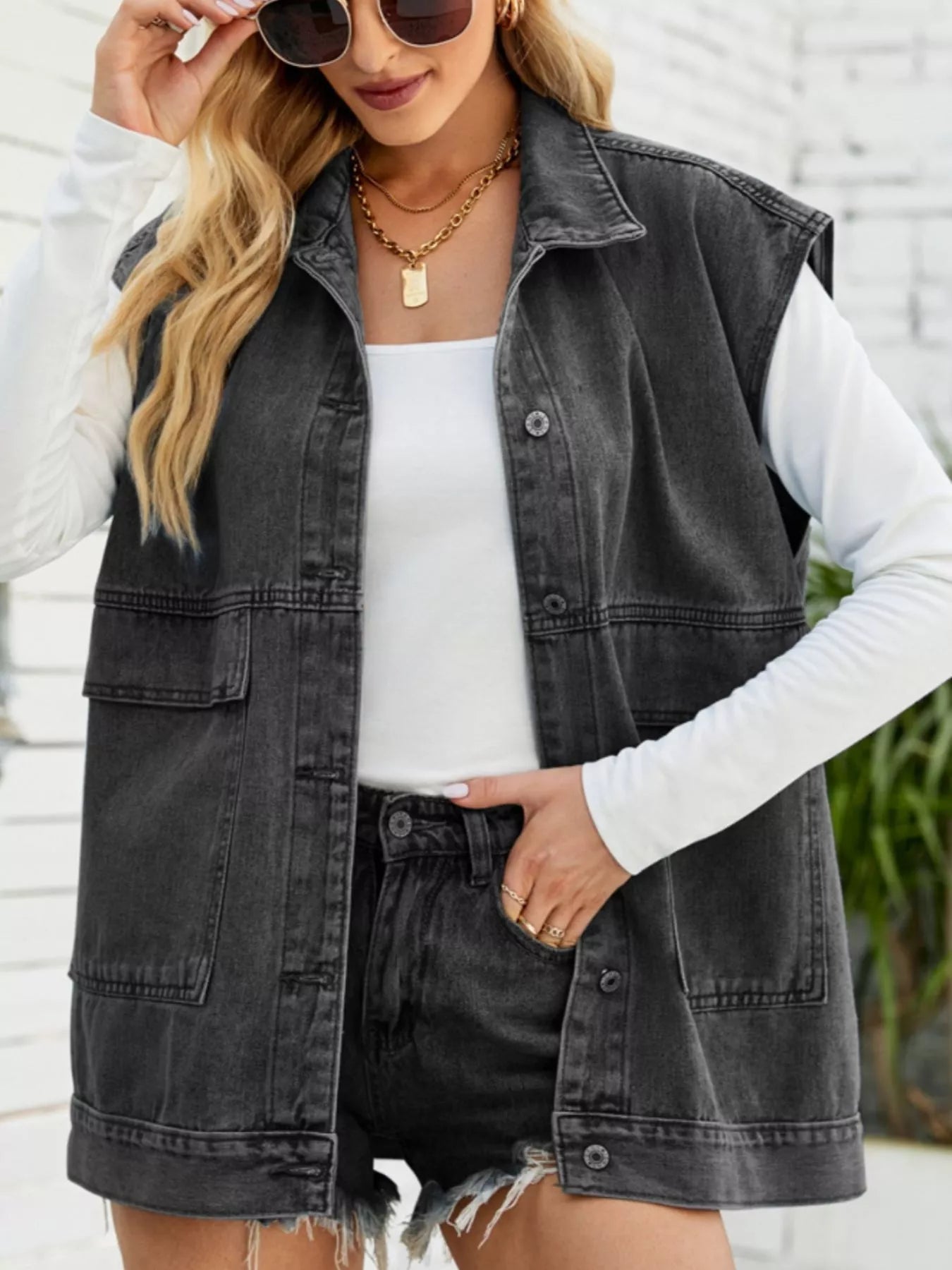 Sleeveless Button-Down Denim Jacket 