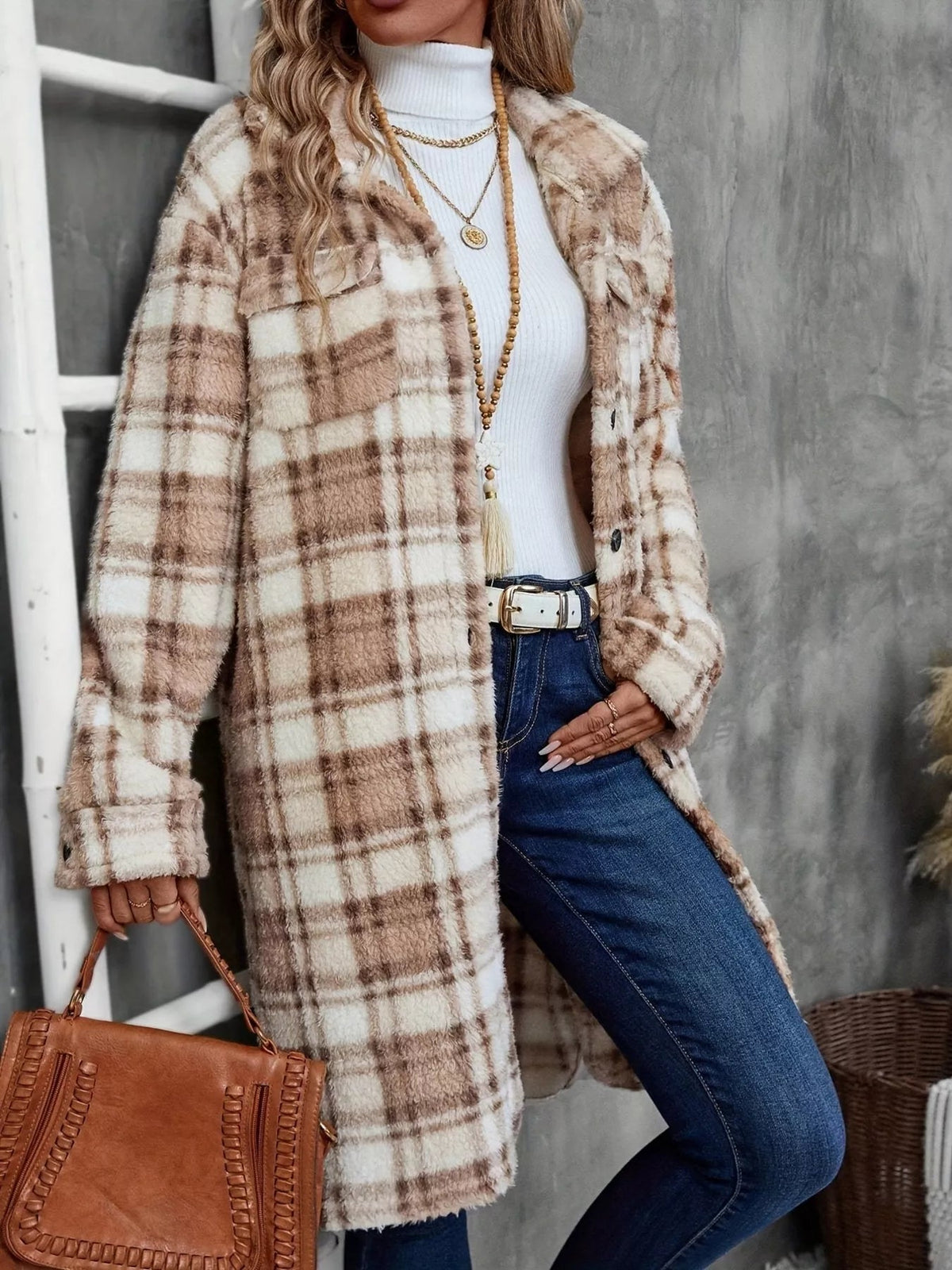 Plaid Fleece Button Up Longline Outerwear 