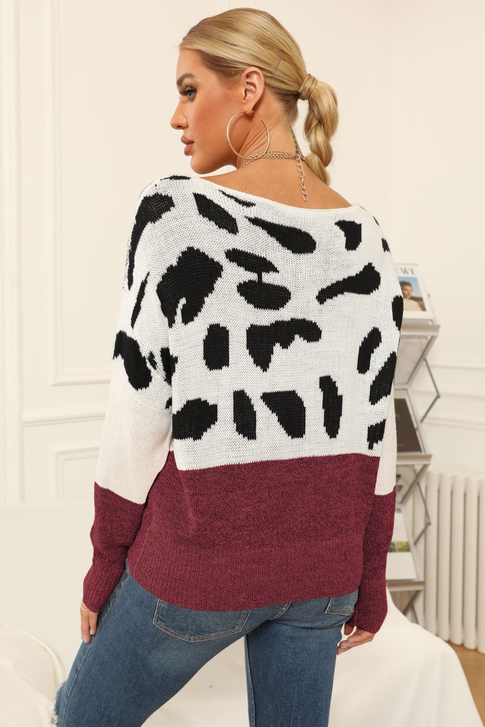 Full Size Two-Tone Boat Neck Sweater 