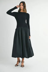 MABLE Ribbed Poplin Mix Midi Sweater Dress 