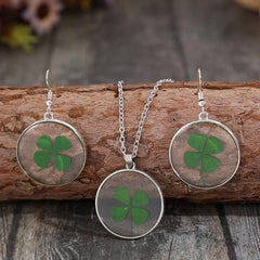 Lucky Clover Alloy Acrylic Earrings and Necklace Jewelry Set 