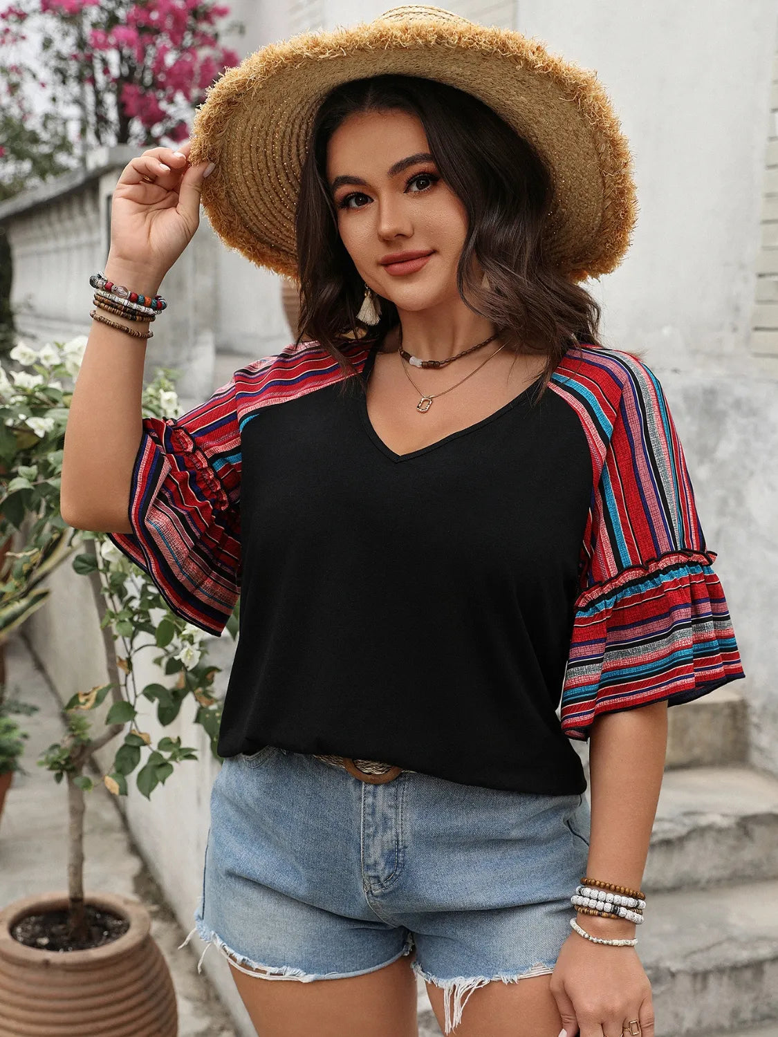 Plus Size V-Neck Flounce Sleeve Top 