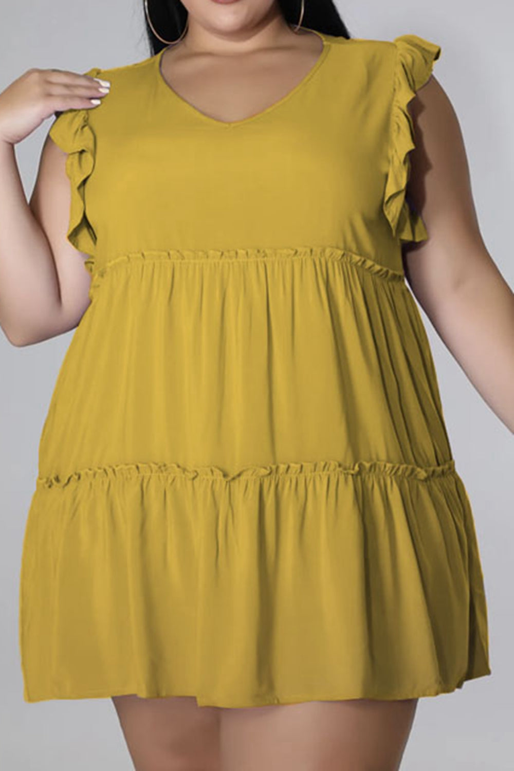 Plus Size V-Neck Frill Trim Mini Dress 