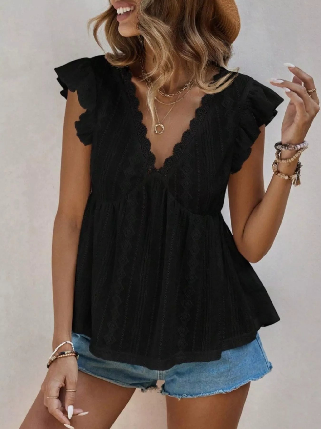 Ruffle Sleeve V-Neck Blouse 