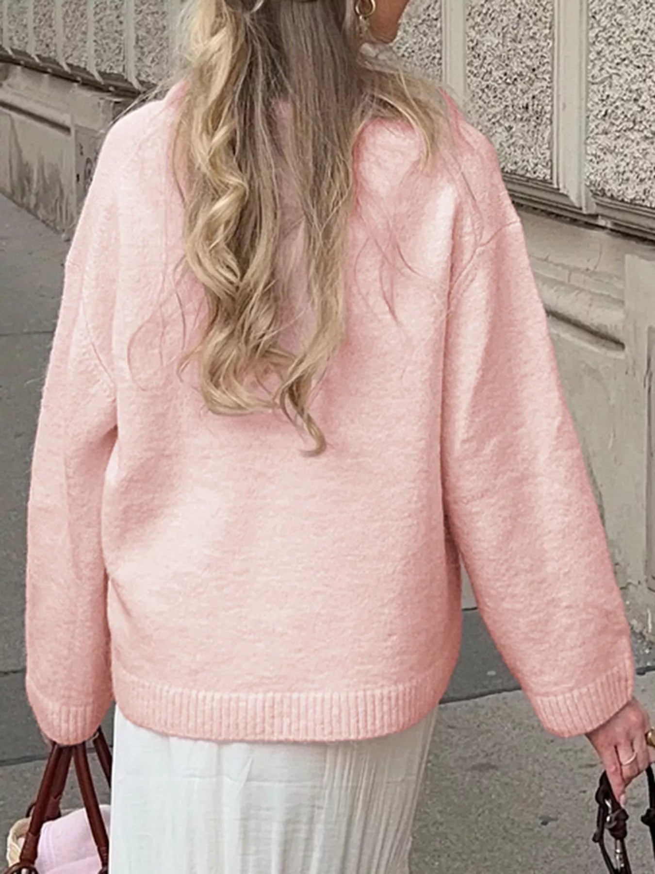 Ribbed Round Neck Dropped Shoulder Sweater 
