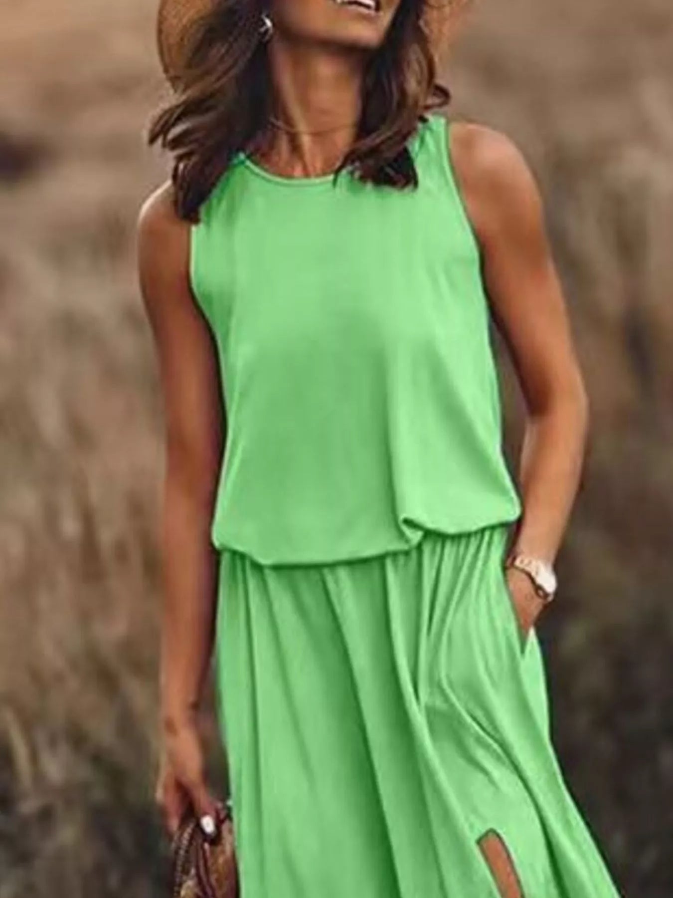 Full Size Round Neck Sleeveless Slit Maxi Dress Plus Size 