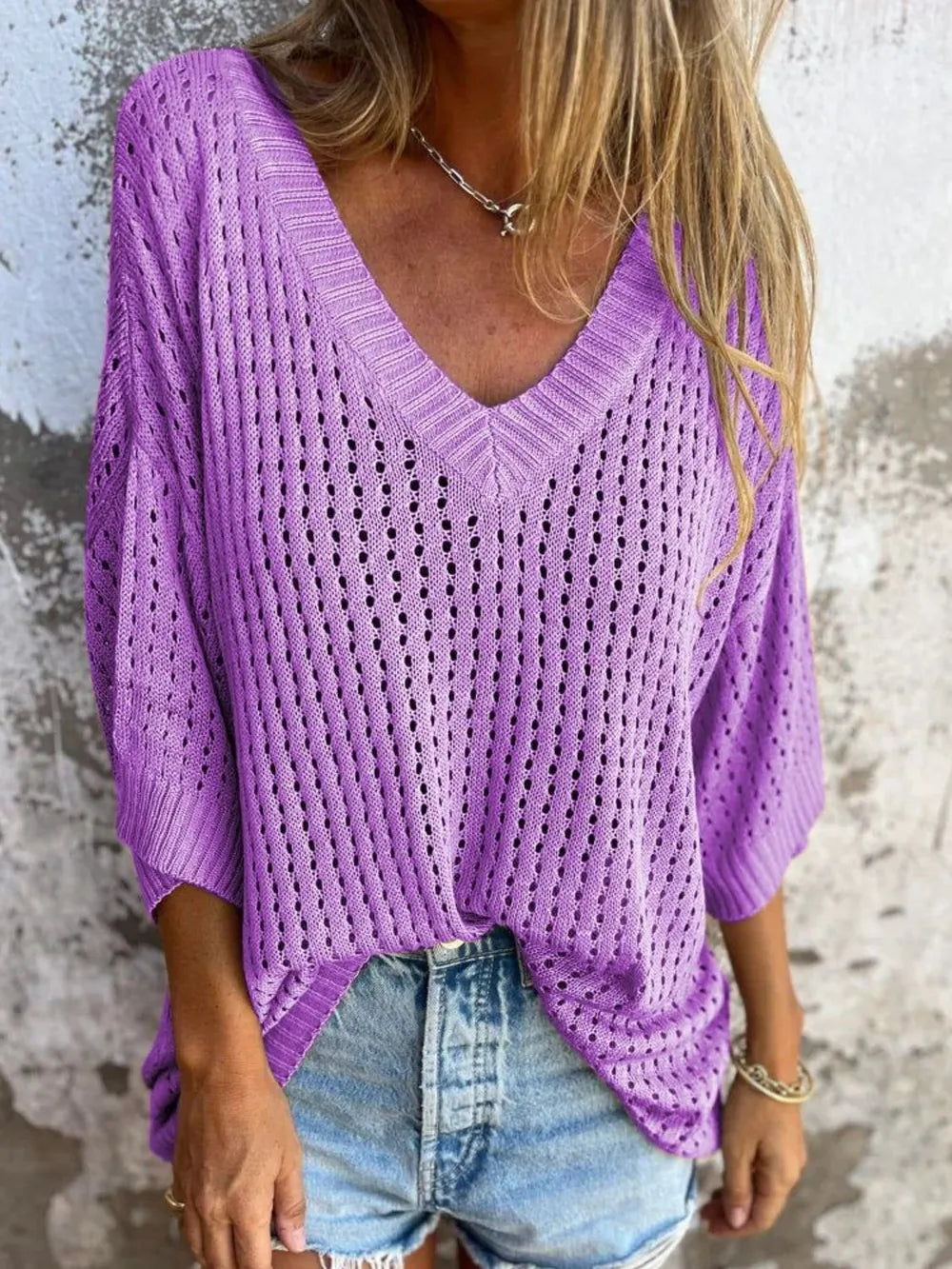 Full Size Openwork V-Neck Knit Cover Up Plus Size 