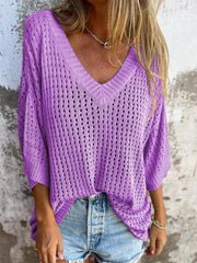 Full Size Openwork V-Neck Knit Cover Up Plus Size 