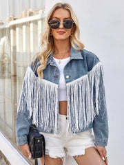 Tassel Button Up Dropped Shoulder Denim Jacket 