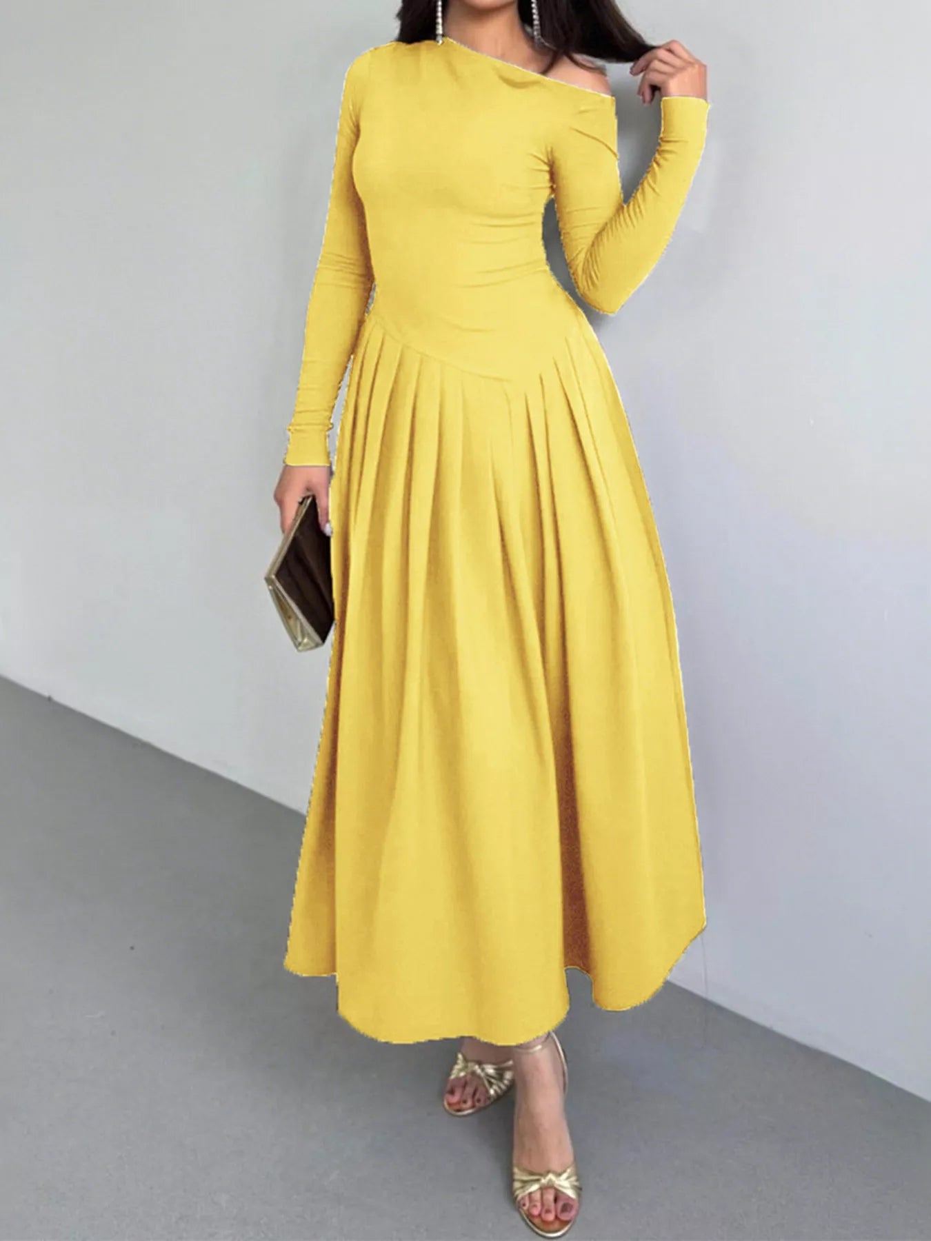 Ruched One Shoulder Long Sleeve Dress 