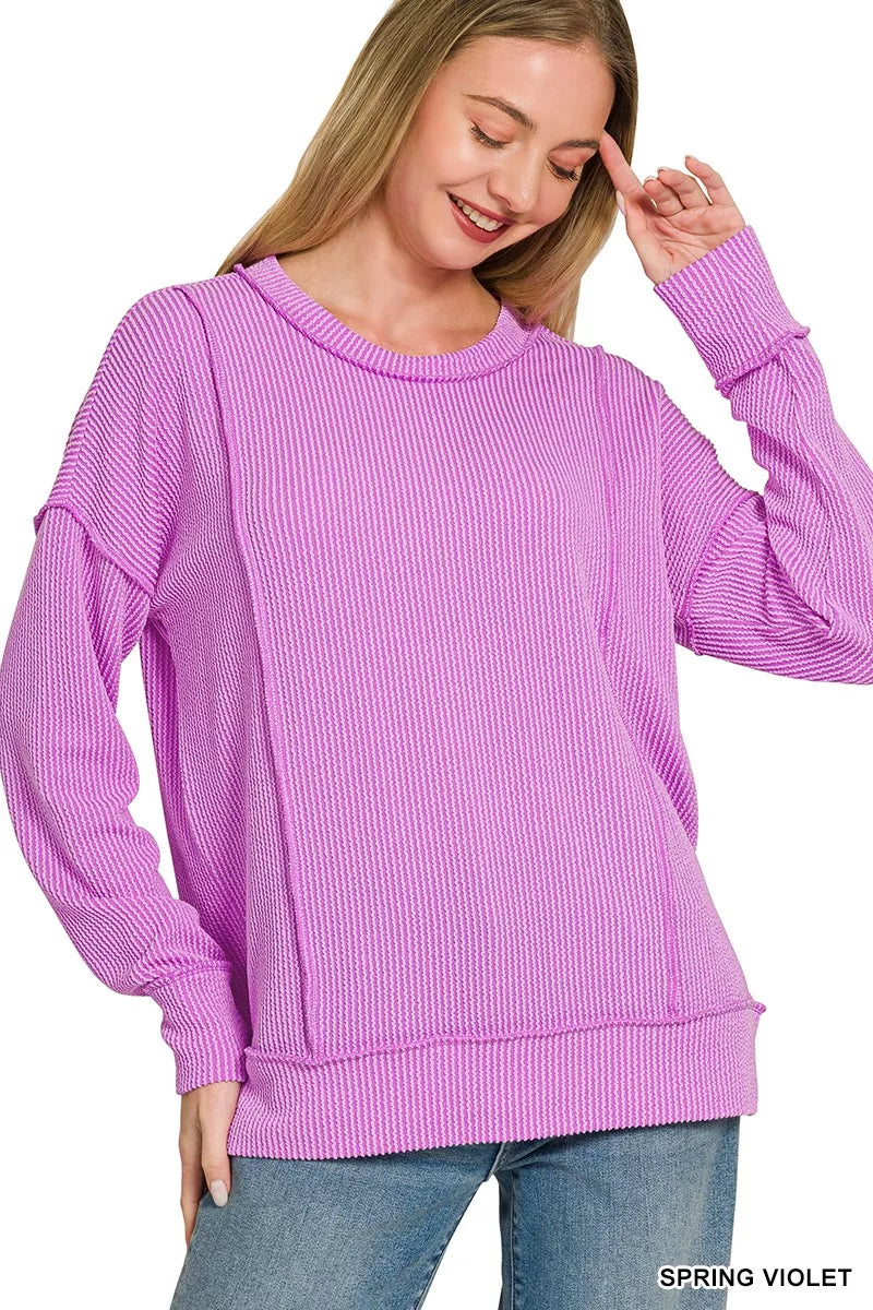 Zenana Corded Rib Long Sleeve Round Neck Top 