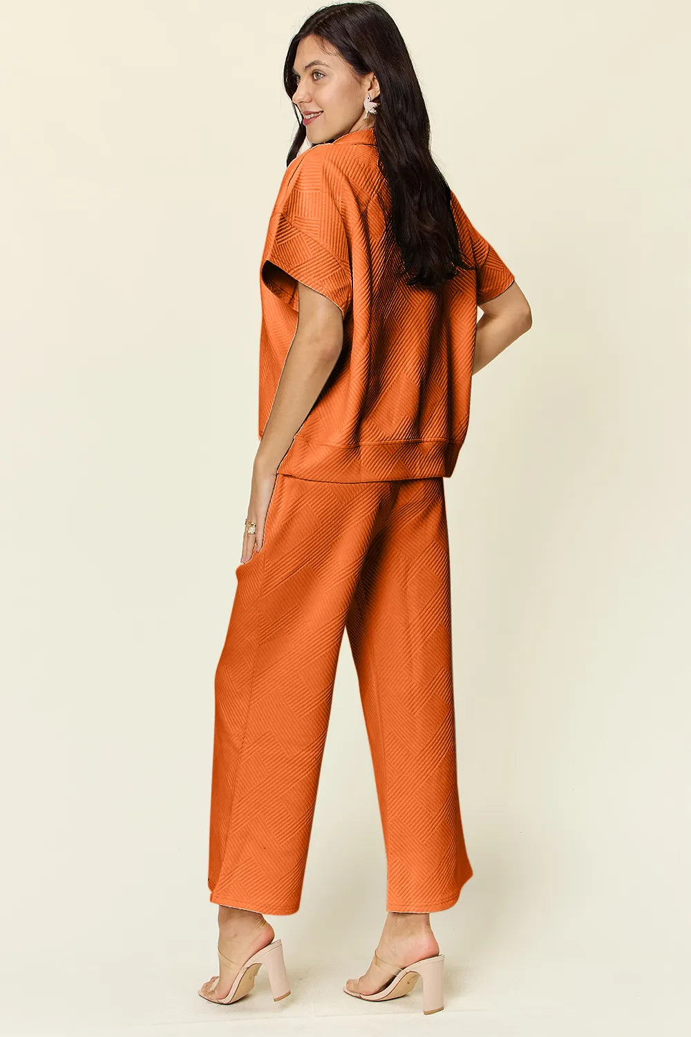 Double Take Full Size Texture Half Zip Short Sleeve Top and Pants Set 