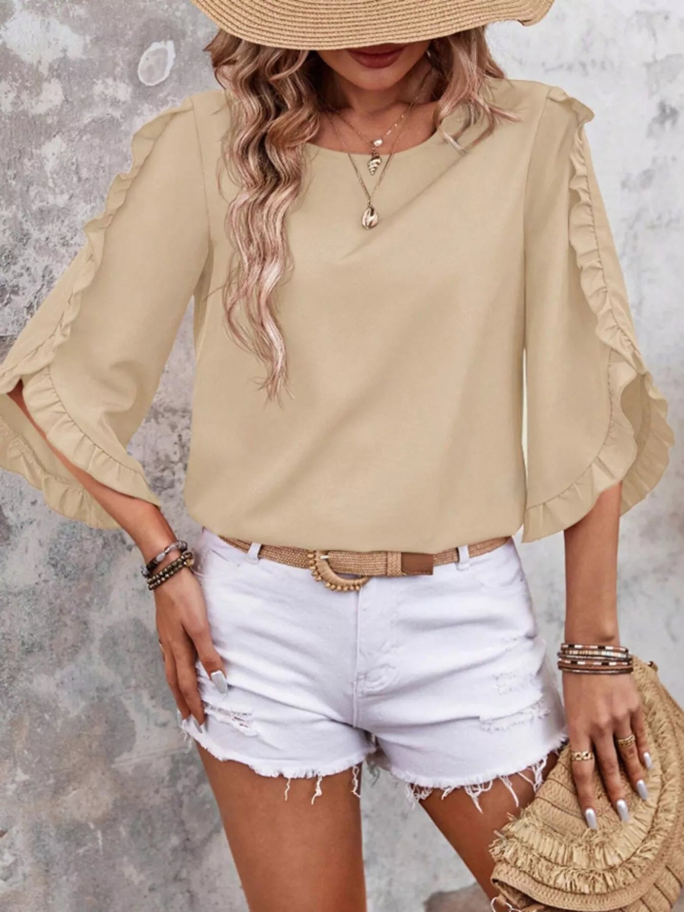 Ruffle Sleeve Solid Color Blouse 