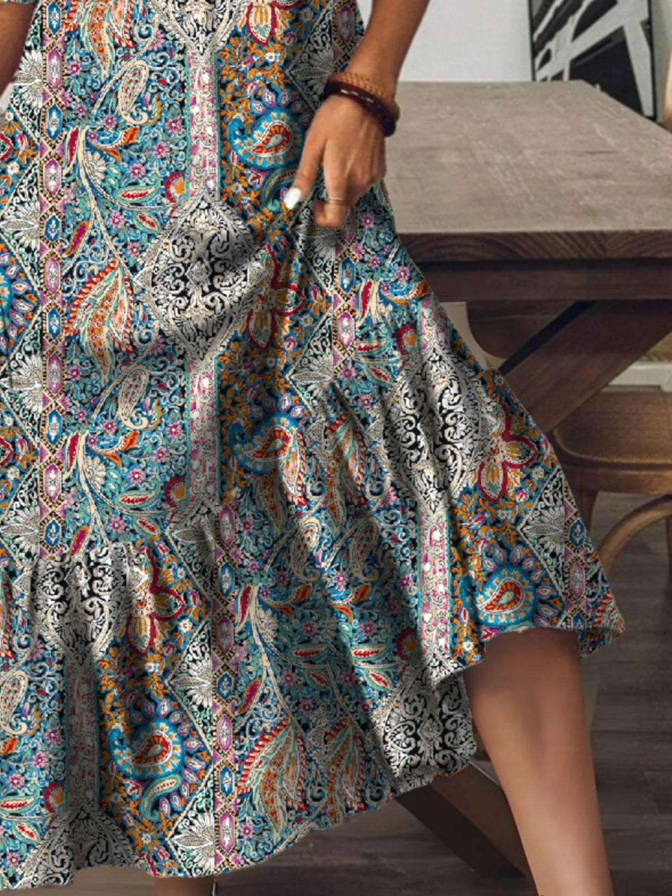 Full Size Bohemian Paisley Print V-Neck Midi Dress Plus Size 