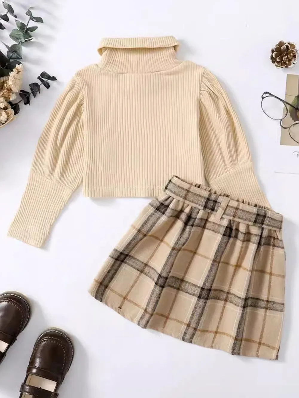 Turtleneck Long Sleeve Top and Skirt Set 
