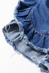 Ruffled Raw Hem Half Sleeve Denim Top 