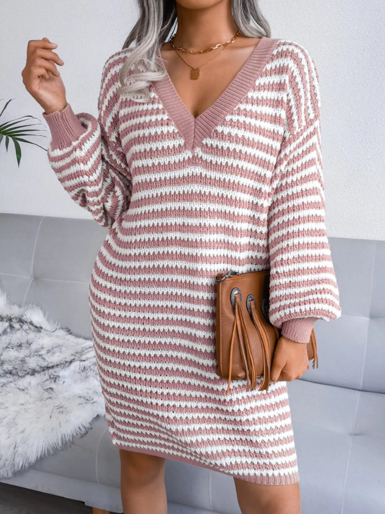 Striped V-Neck Long Sleeve Sweater Dress 