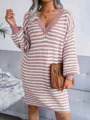 Striped V-Neck Long Sleeve Sweater Dress 