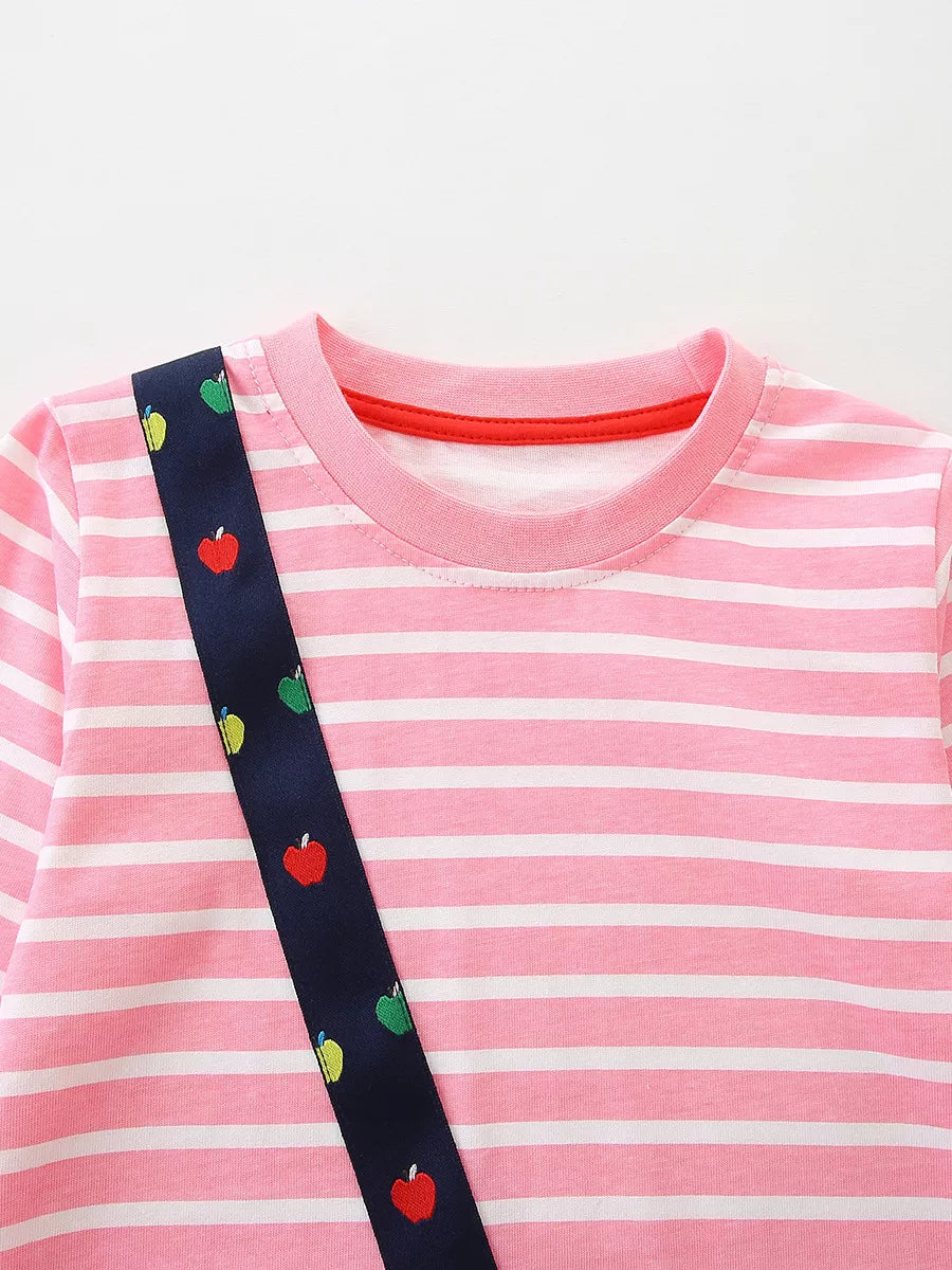 Children's Apple Applique Striped Long Sleeve Dress 