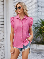 Ruffled Pocketed Collared Neck Cap Sleeve Denim Top 