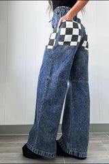 Checkered Wide Leg Jeans 