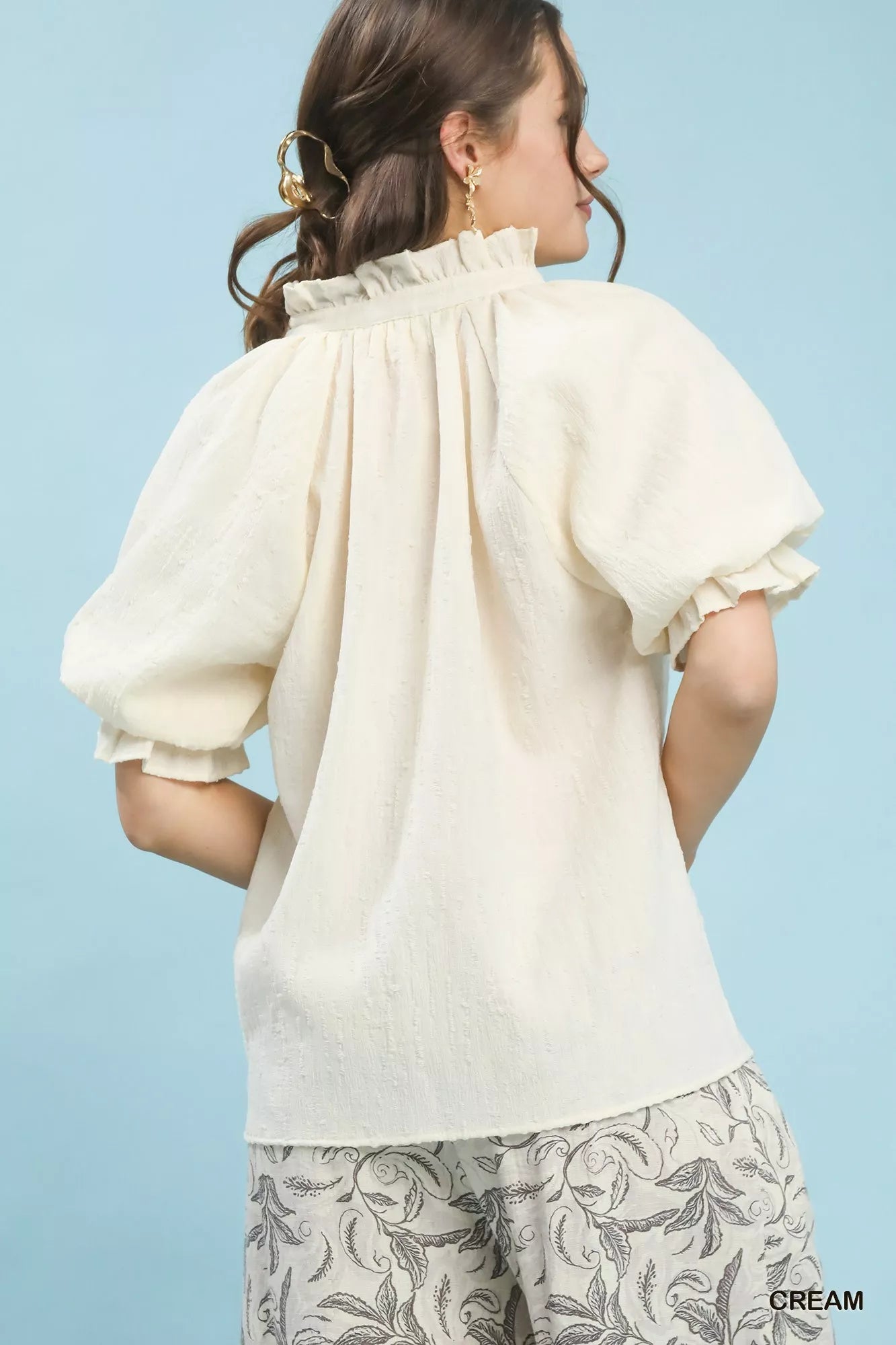 Umgee Textured Puff Sleeve Split Neck Top 