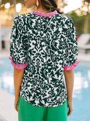 Damask Print Ruffled Color Block Detail Half Sleeve Blouse 