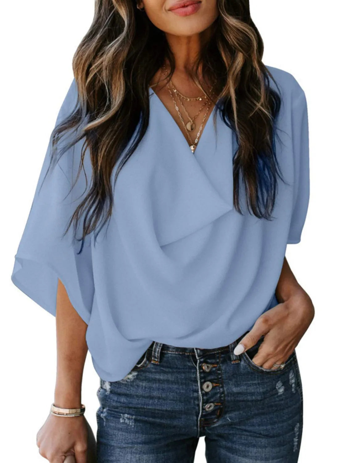 Full Size Ruched Three-Quarter Sleeve Blouse Plus Size 