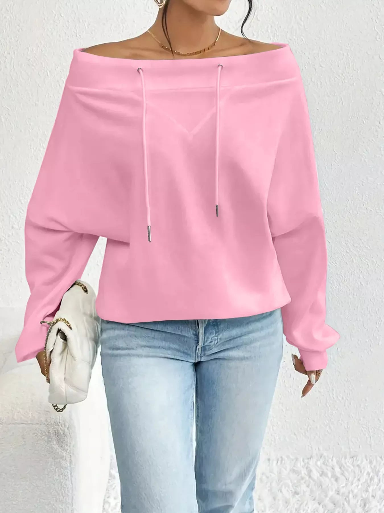 Full Size Off-Shoulder Drawstring Long Sleeve Top Plus Size 