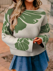 Leaf Round Neck Long Sleeve Sweater 