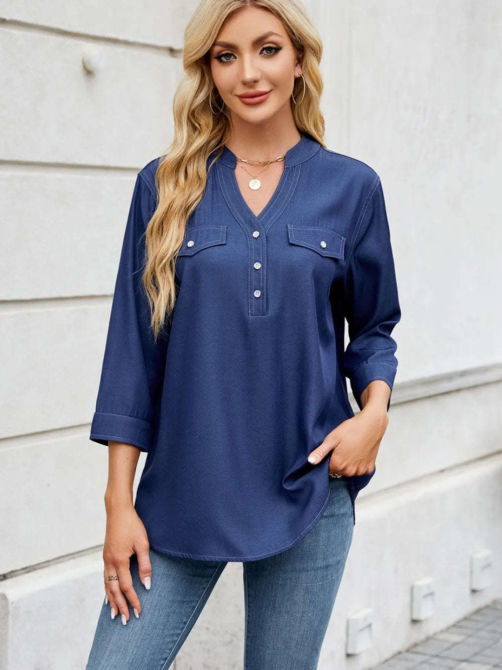 Notched Three-Quarter Sleeve Denim Top 