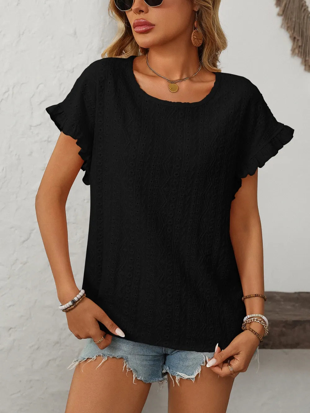 Mandy Eyelet Round Neck Short Sleeve Top 
