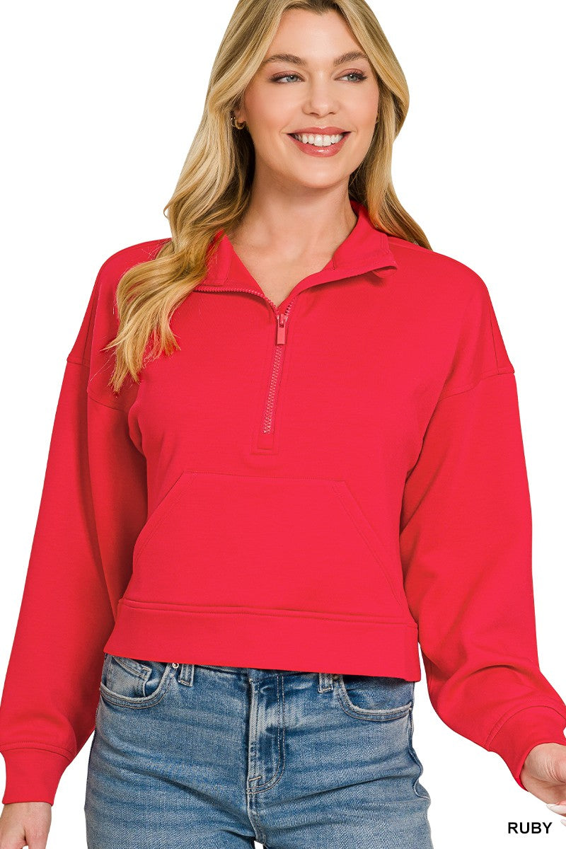 Zenana Scuba Half Zip Pullover With Kangaroo Pockets 