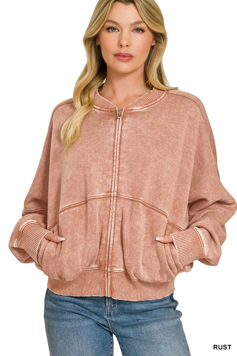 Zenana Acid Washed Fleece Jacket 