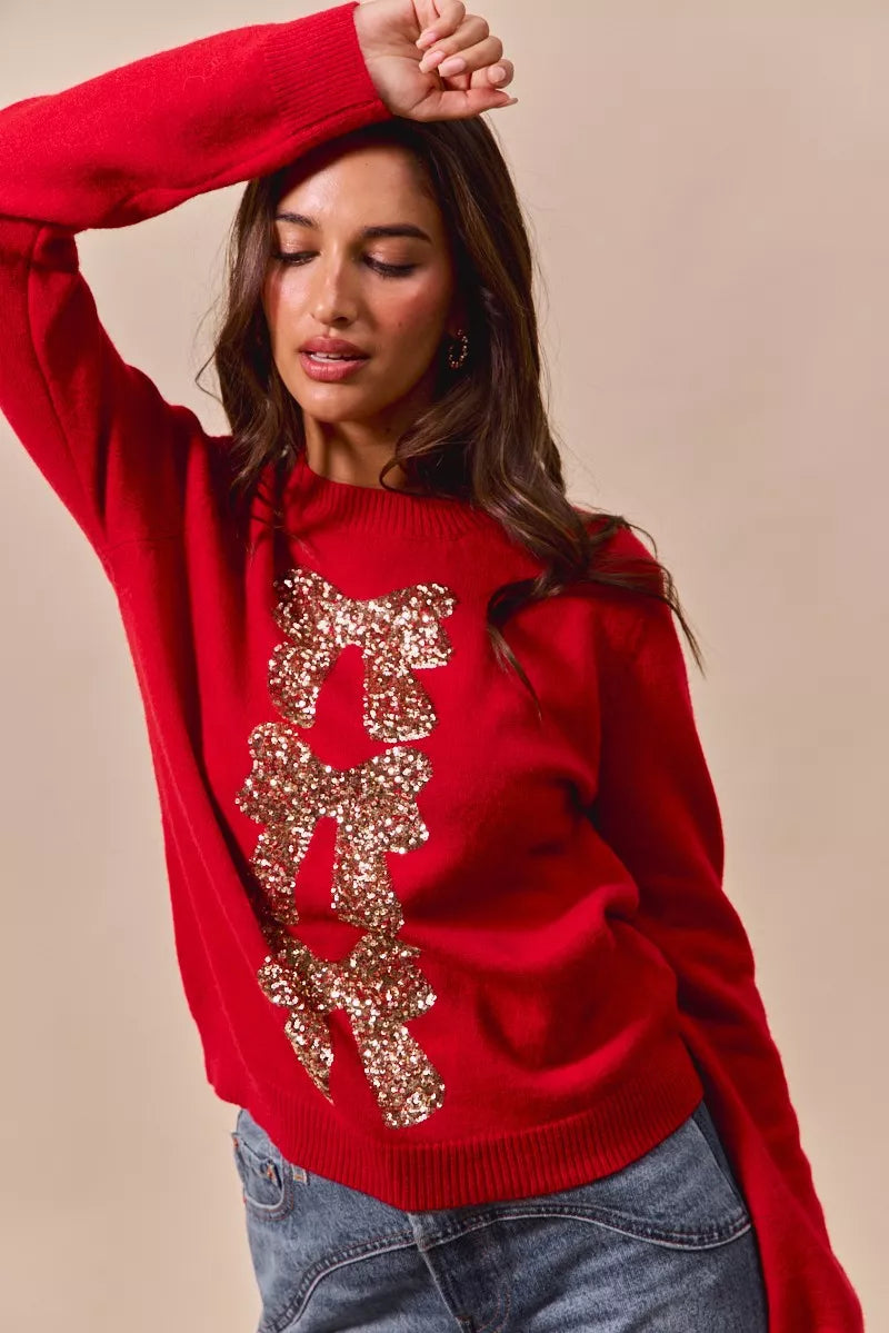 SO ME Sequins Bow Ribbon Embellished Christmas Sweater 