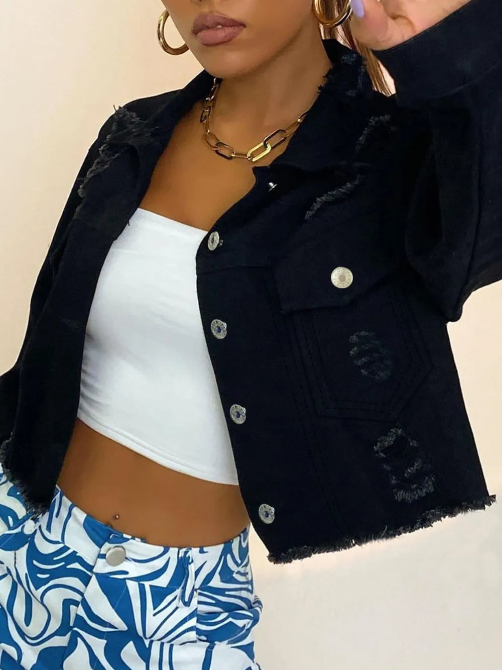 Distressed Collared Neck Long Sleeve Denim Top 