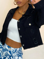 Distressed Collared Neck Long Sleeve Denim Top 