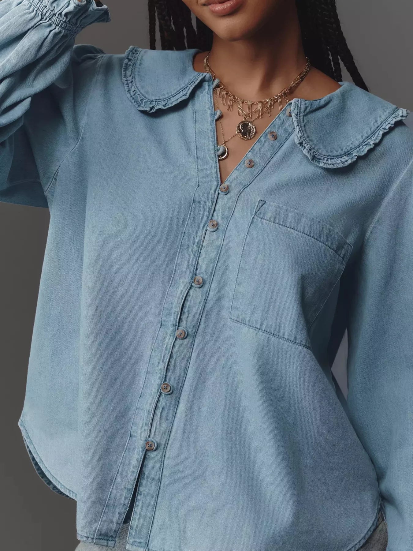 Peter Pan Collar Ruffled Denim Shirt 