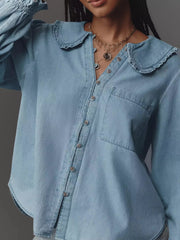 Peter Pan Collar Ruffled Denim Shirt 