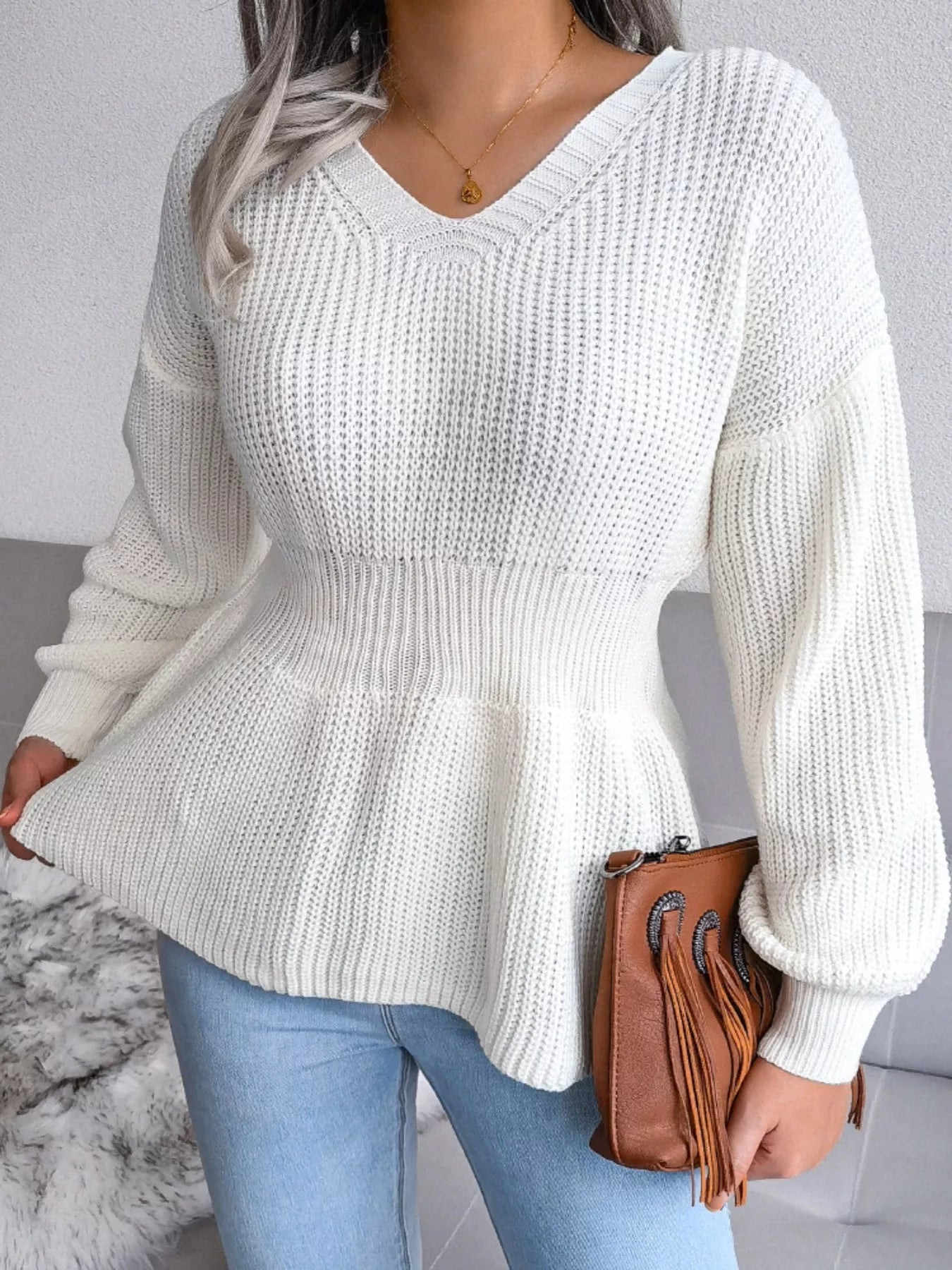 V-Neck Dropped Shoulder Sweater 