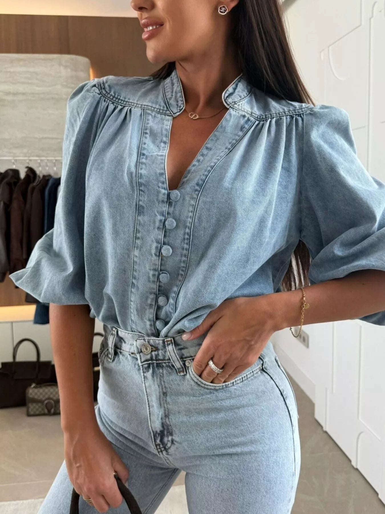 Button-Down Puff Sleeve Denim Top 