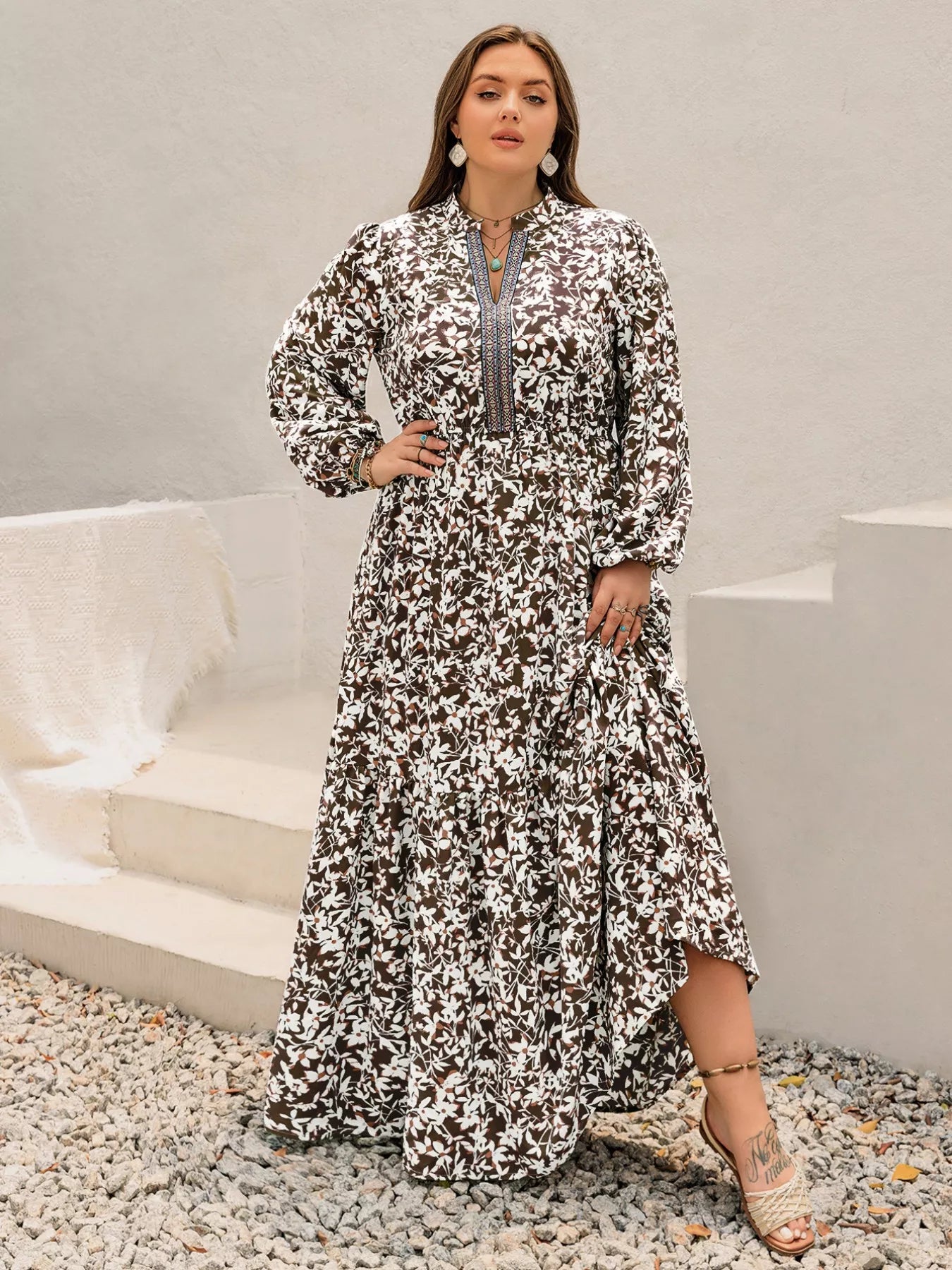 Plus Size Floral Print Long Sleeve Maxi Dress 