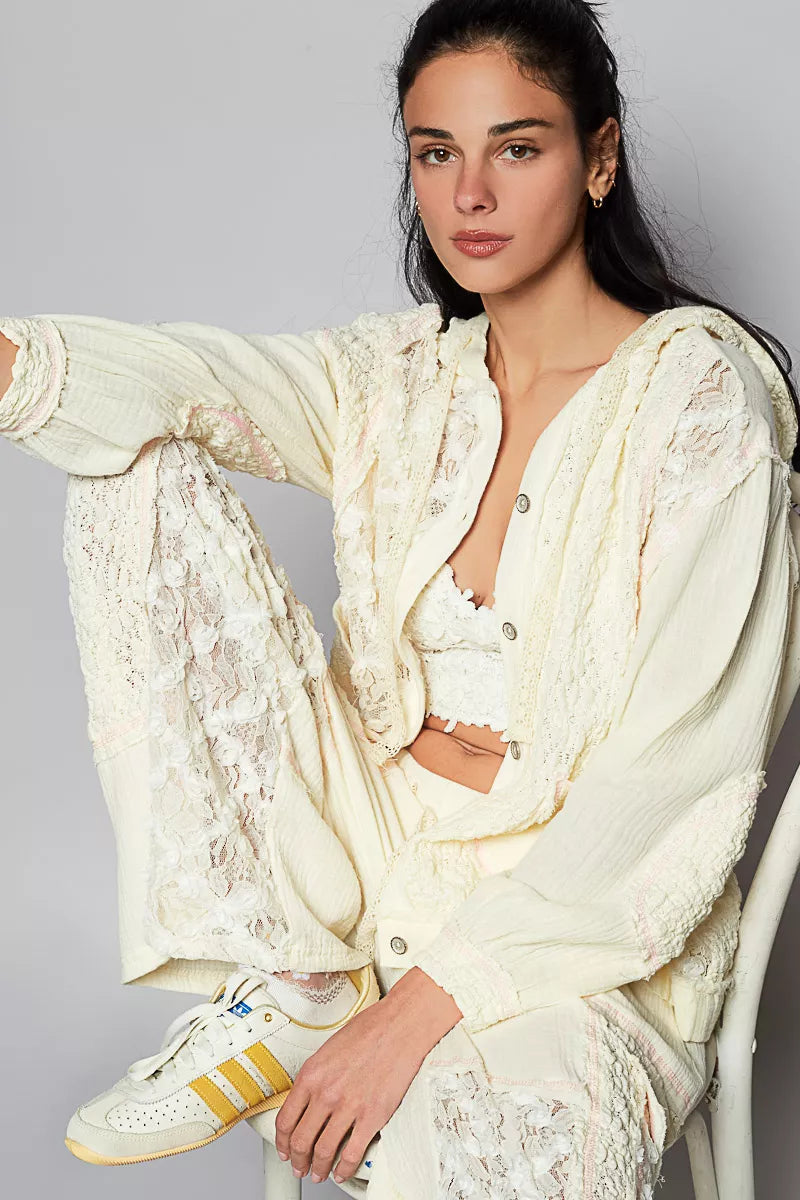 POL Exposed Seam Button Down Hooded Jacket with Lace Detail 